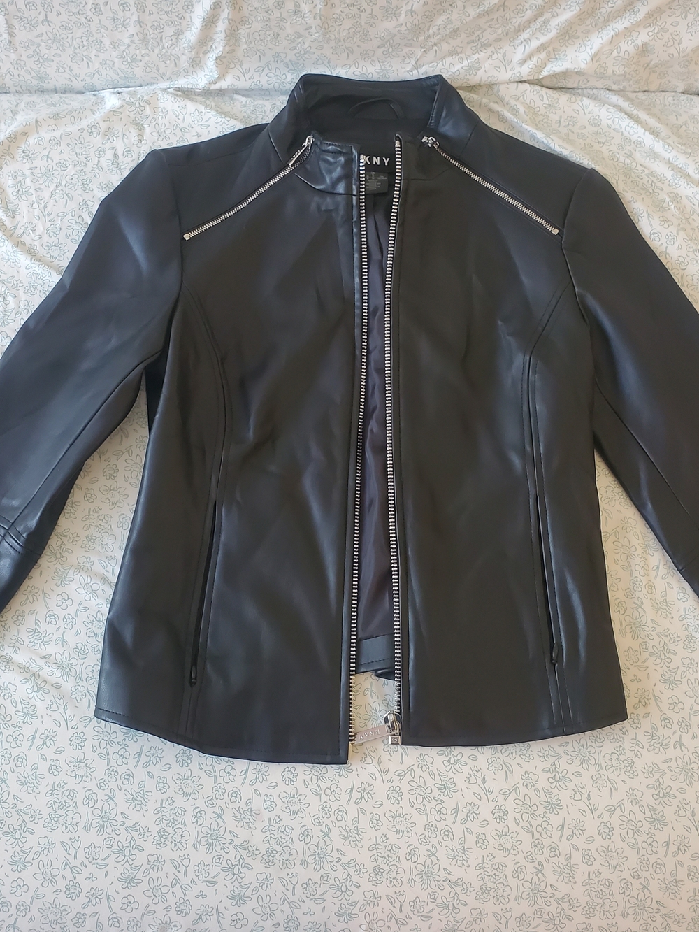 DKNY Black Faux Leather Zip-Front Jacket